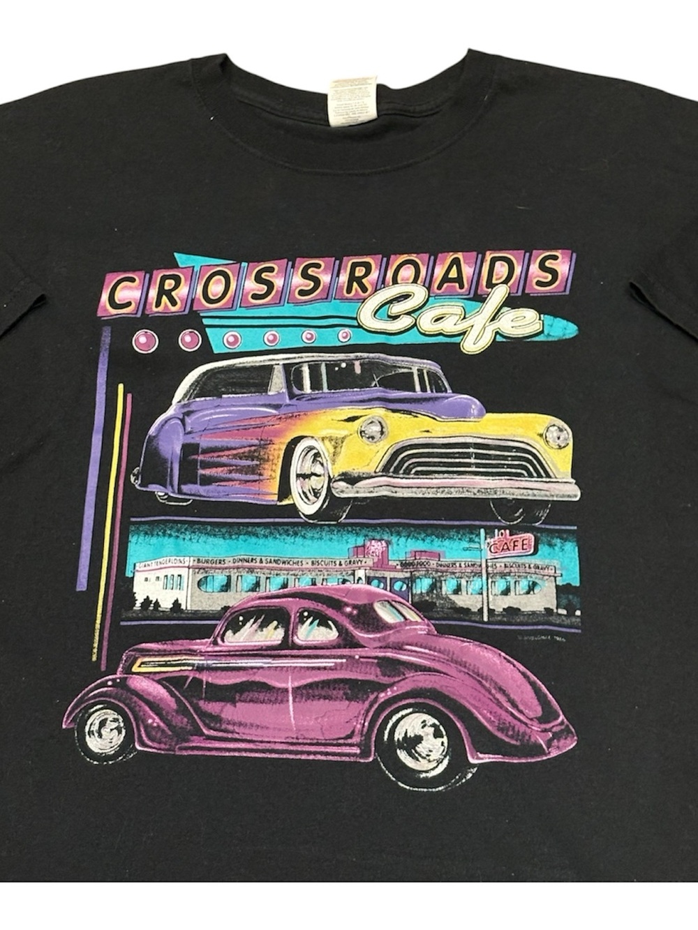 Crossroads Cafe Graphic Tee - Black with Purple, Yellow & Teal Cars